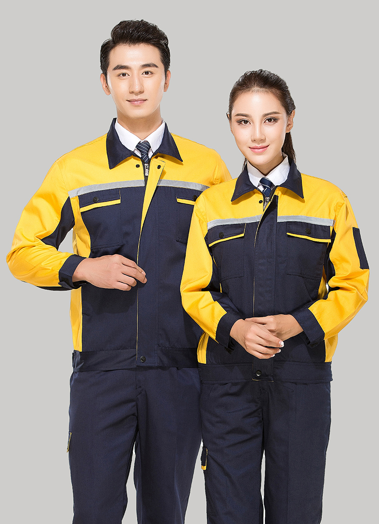 滌棉藏青色拼黃色反光條工作服長袖套裝GZ-8015 滌棉藏青色拼黃色反光條工作服長袖套裝GZ-8015