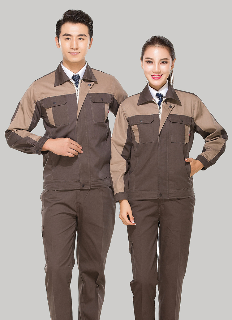 全棉紗卡卡其色拼灰色拉鏈式工作服長袖套裝GZ-8023 全棉紗卡卡其色拼灰色拉鏈式工作服長袖套裝GZ-8023