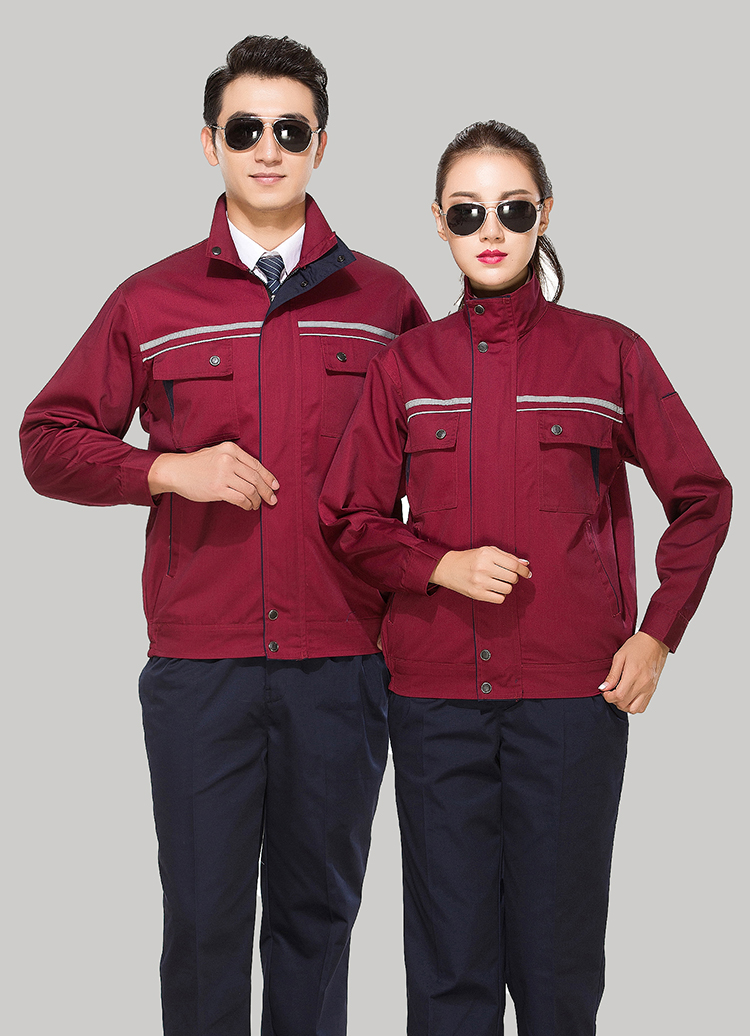 滌棉棗紅色立領拼色拉鏈式反光條工作服長袖套裝GZ-FGT8028 滌棉棗紅色立領拼色拉鏈式反光條工作服長袖套裝GZ-FGT8028